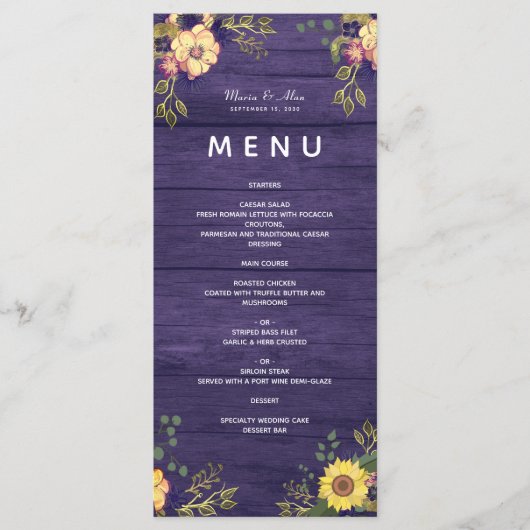 Paarse Bloemen Rustieke Trouwmenu Menu (Voorkant)