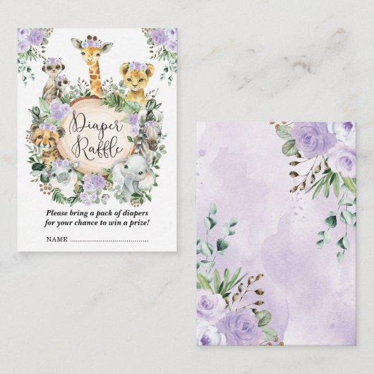 Paarse Bloemen Safari Oerwoud Baby Luier Raffle Informatiekaartje (Voorkant / Achterkant)