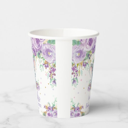 Paarse Bloemen Schattige Olifant Baby shower Papieren Bekers (Links)