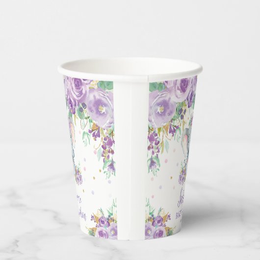 Paarse Bloemen Schattige Olifant Baby shower Papieren Bekers (Rechts)