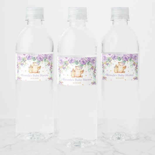 Paarse Bloemen Schattige Uil Baby shower Baby Meis Waterfles Etiket (Flessen)