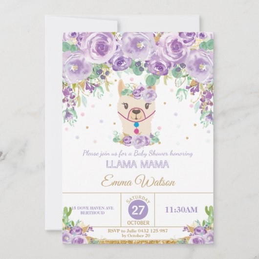 Paarse Bloemen Schattigee Llama Mama Baby shower M Kaart (Voorkant)