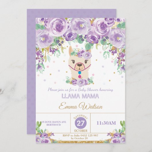 Paarse Bloemen Schattigee Llama Mama Baby shower M Kaart (Voorkant / Achterkant)