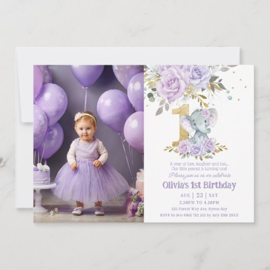 Paarse Bloemen Schattigee Olifant Een 1e Verjaarda Kaart (Voorkant)