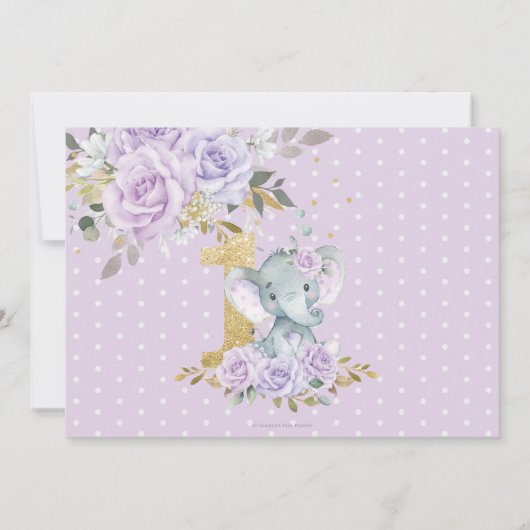 Paarse Bloemen Schattigee Olifant Een 1e Verjaarda Kaart (Achterkant)
