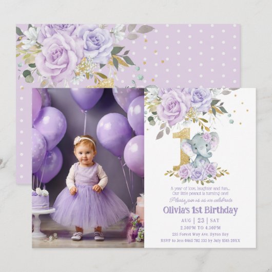 Paarse Bloemen Schattigee Olifant Een 1e Verjaarda Kaart (Voorkant / Achterkant)