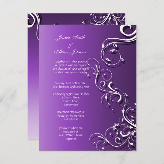 Paarse Bloemen Schattigee Swirls Bruiloft Uitnodig Kaart (Voorkant / Achterkant)