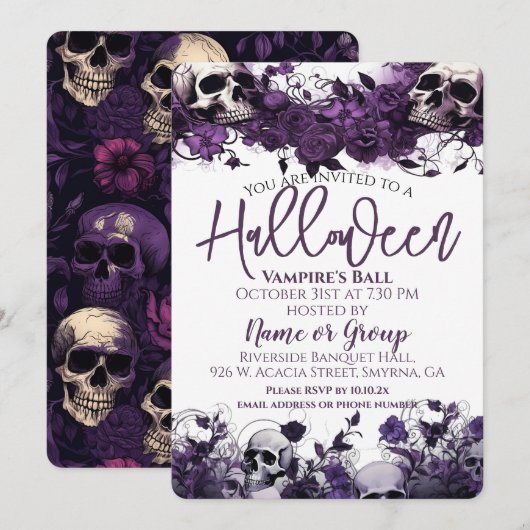 Paarse Bloemen Schedel Halloween Party Kaart (Voorkant / Achterkant)