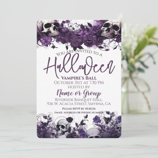 Paarse Bloemen Schedel Halloween Party Kaart (Staand voorkant)