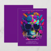 Paarse Bloemen Schedel Halloween Verjaardagsfeest Kaart (Voorkant / Achterkant)