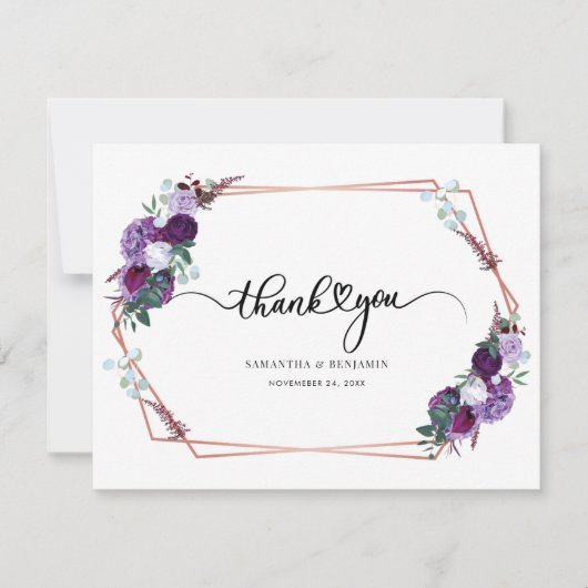 Paarse bloemen script bruiloft bedankkaart (Voorkant)