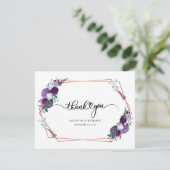 Paarse bloemen script bruiloft bedankkaart (Staand voorkant)