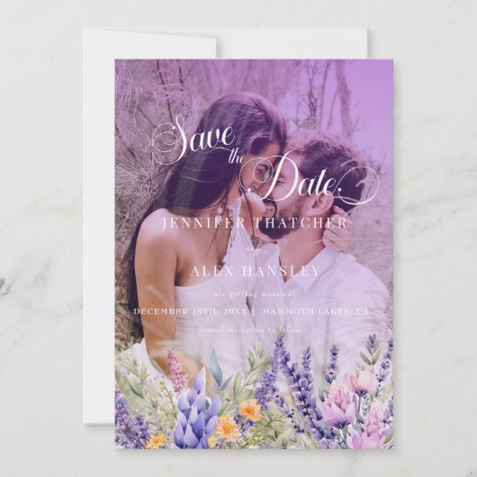 Paarse bloemen script | Fotobruiloft Bewaar de dat Kaart (Voorkant)