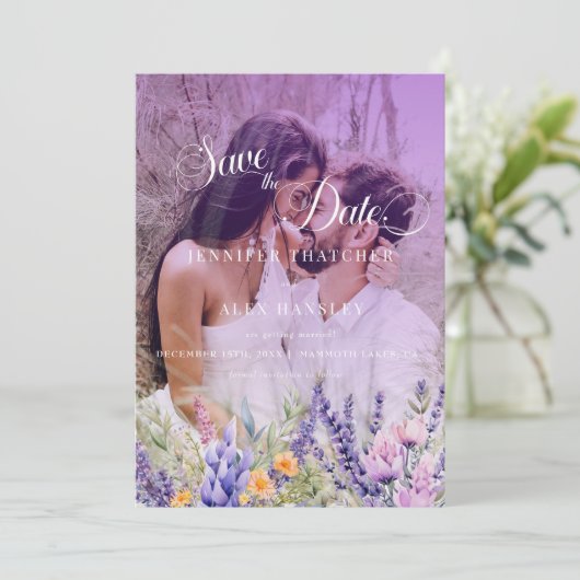 Paarse bloemen script | Fotobruiloft Bewaar de dat Kaart (Staand voorkant)