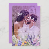 Paarse bloemen script | Fotobruiloft Bewaar de dat Kaart (Voorkant / Achterkant)