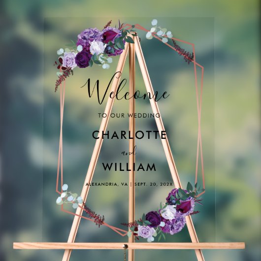 Paarse Bloemen Script Huwelijk Welkom Acryl Bord (Neutraal)