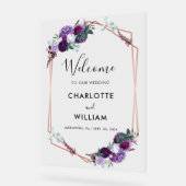 Paarse Bloemen Script Huwelijk Welkom Acryl Bord (Hoek)