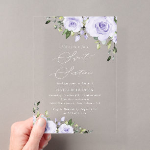 Paarse Bloemen, Sering Bloemen, Boho, Sweet 16 Acryl Uitnodigingen