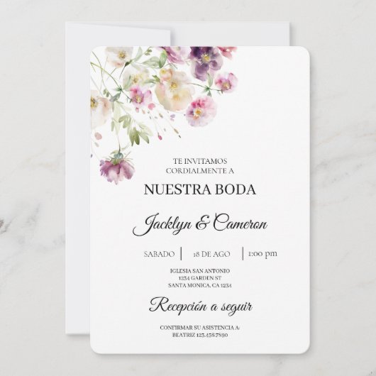 Paarse Bloemen Spaans bruiloft uitnodiging (Voorkant)