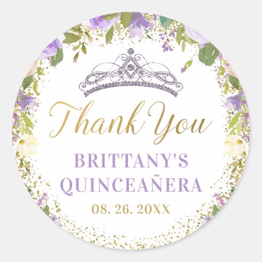 Paarse Bloemen Sparkle Gold Quinceanera Dank u Ronde Sticker (Voorkant)