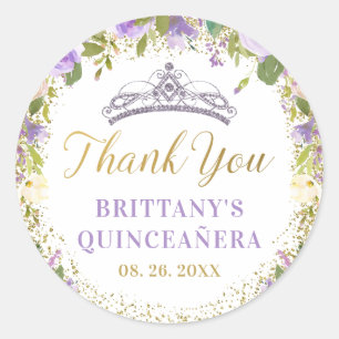 Paarse Bloemen Sparkle Gold Quinceanera Dank u Ronde Sticker