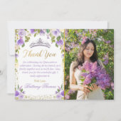 Paarse Bloemen Sparkle Gold Quinceanera Foto Bedankkaart (Voorkant)