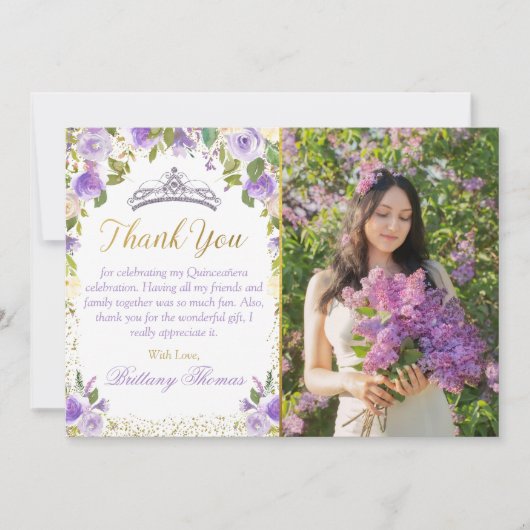 Paarse Bloemen Sparkle Gold Quinceanera Foto Bedankkaart (Voorkant)