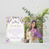 Paarse Bloemen Sparkle Gold Quinceanera Foto Bedankkaart (Staand voorkant)