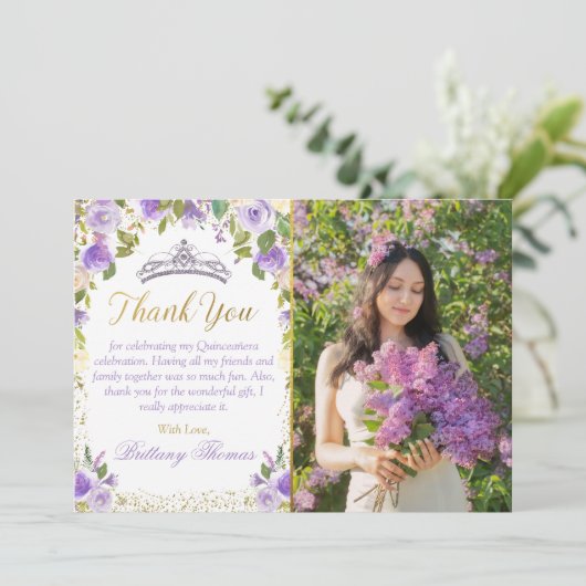 Paarse Bloemen Sparkle Gold Quinceanera Foto Bedankkaart (Staand voorkant)