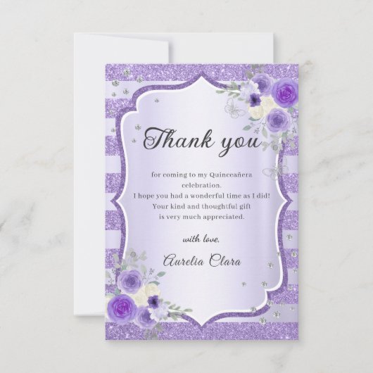 Paarse Bloemen Sparkle Quinceanera bedankje Bedankkaart (Voorkant)