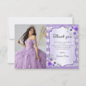 Paarse Bloemen Sparkle Quinceanera Foto Bedankkaart (Voorkant)