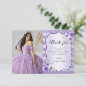 Paarse Bloemen Sparkle Quinceanera Foto Bedankkaart (Staand voorkant)