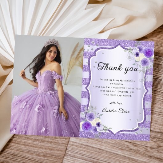 Paarse Bloemen Sparkle Quinceanera Foto Bedankkaart