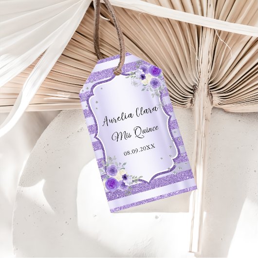 Paarse Bloemen Sparkle Quinceanera Verjaardag Cadeaulabel