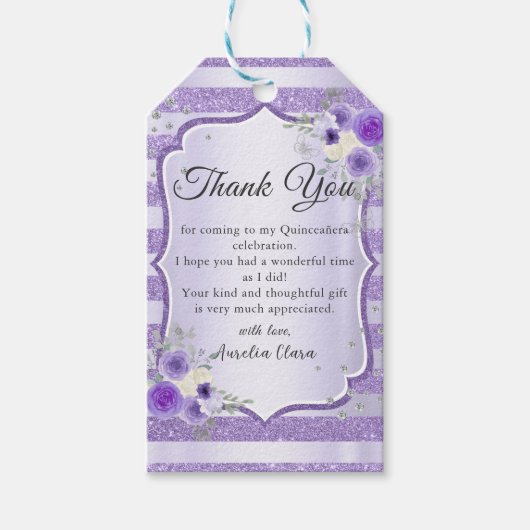 Paarse Bloemen Sparkle Quinceanera Verjaardag Cadeaulabel (Voorkant)