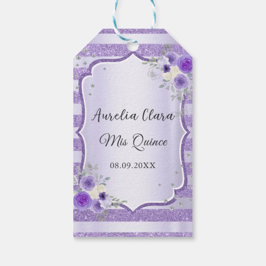 Paarse Bloemen Sparkle Quinceanera Verjaardag Cadeaulabel (Achterkant)