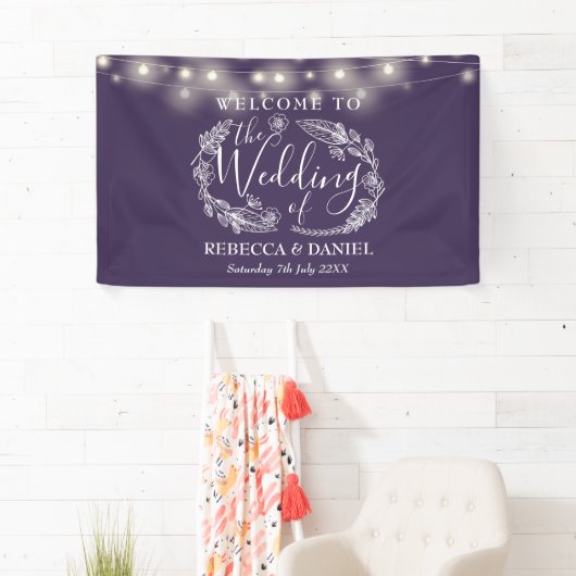 Paarse Bloemen String Lights Script bruiloft Spandoek (Insitu)