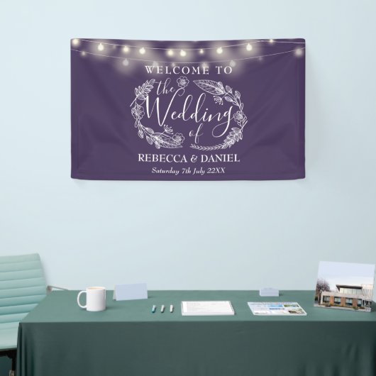 Paarse Bloemen String Lights Script bruiloft Spandoek (Beurs)
