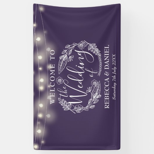 Paarse Bloemen String Lights Script bruiloft Spandoek (Verticaal)