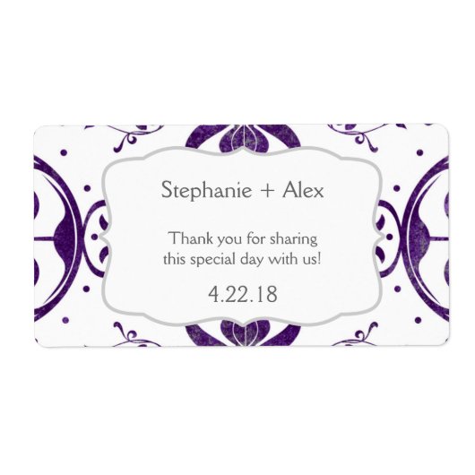 Paarse Bloemen Swirl Bruiloft Water Fles Favor Etiket (Voorkant)