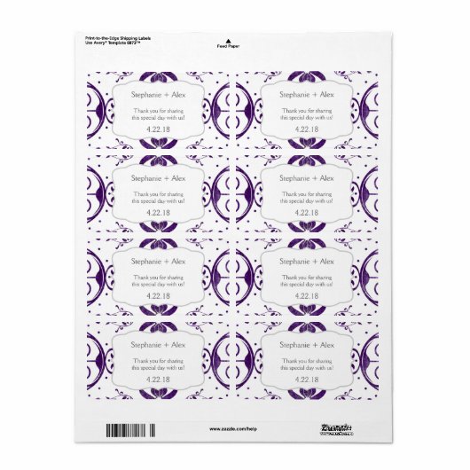 Paarse Bloemen Swirl Bruiloft Water Fles Favor Etiket (Full Sheet)