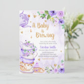 Paarse Bloemen Tea Party Baby shower Kaart (Staand voorkant)