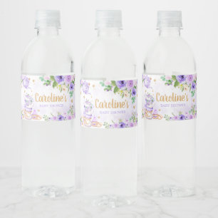 Paarse Bloemen Tea Party Baby shower Waterfles Etiket