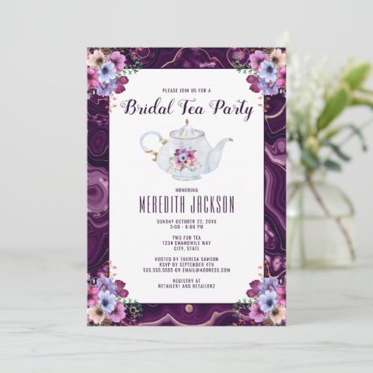 Paarse Bloemen Tea Party Bruids Douche Uitnodiging (Staand voorkant)