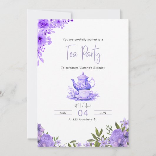 Paarse Bloemen Tea Party Verjaardagsuitnodiging Kaart (Voorkant)