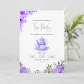Paarse Bloemen Tea Party Verjaardagsuitnodiging Kaart (Staand voorkant)