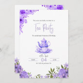 Paarse Bloemen Tea Party Verjaardagsuitnodiging Kaart (Voorkant / Achterkant)