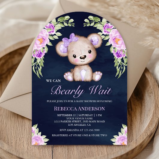 Paarse Bloemen Teddy Bear Arch Navy Baby shower Kaart