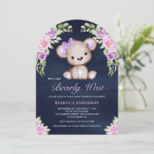 Paarse Bloemen Teddy Bear Arch Navy Baby shower Kaart (Staand voorkant)