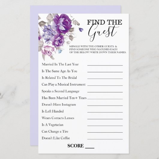 Paarse bloemen thema Vind de gast spel (Voorkant / Achterkant)